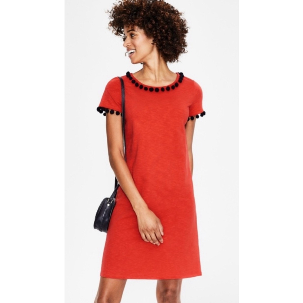 Boden Bridget Jersey Shirt Orange Dress US 10L Black Pom Poms